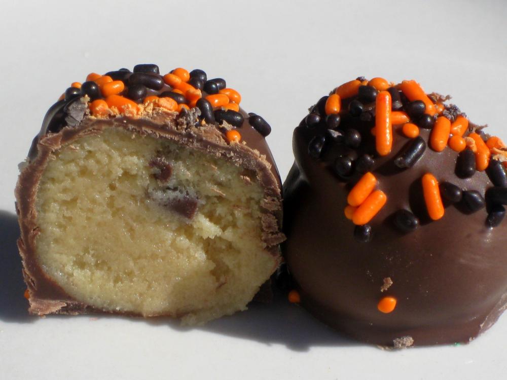 Halloween Cookie Dough Truffles - 1 Dozen (12) Chocolate Chip Balls Sprinkles Gift Cake Balls Orange Black Brown